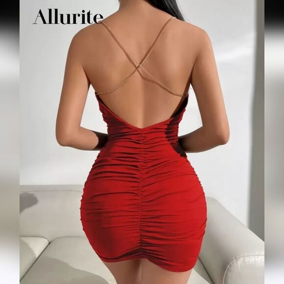 Allurite Women's Elegant Backless V-Neck Bodycon Sexy Date Mini Dress Red Sz XS - Picture 2 of 10